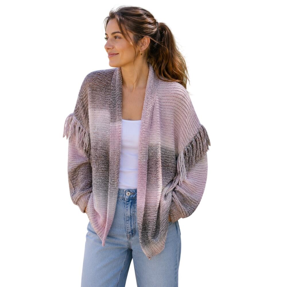 Frye & Co Fringe Cardigan Sweater Womens L Pink Ombre Open Front Boho Cozy